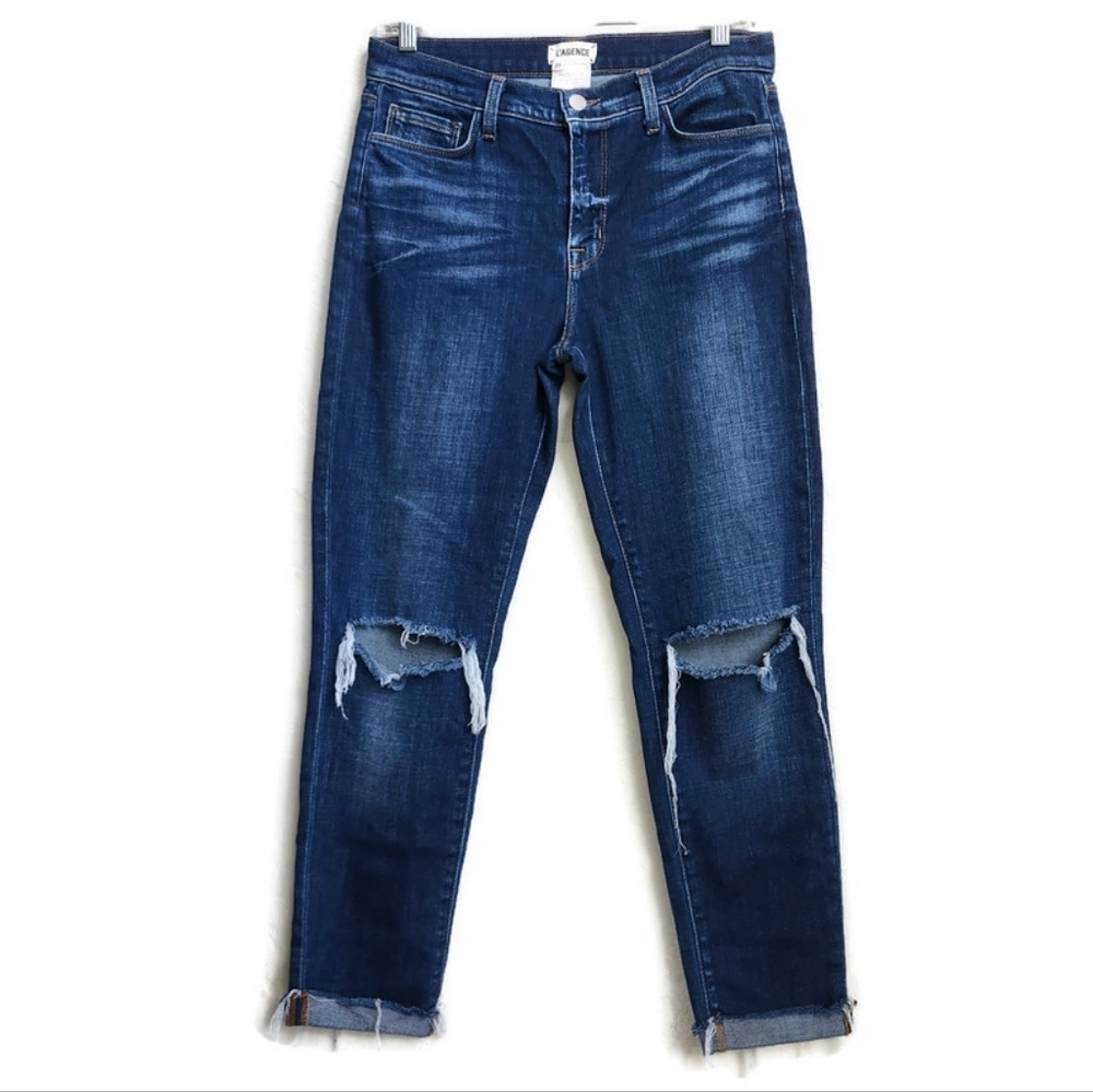 L'Agence Rachel High-Rise Slim Diamond Destruct Dark Wash Raw Hem Cuff Crop Jean